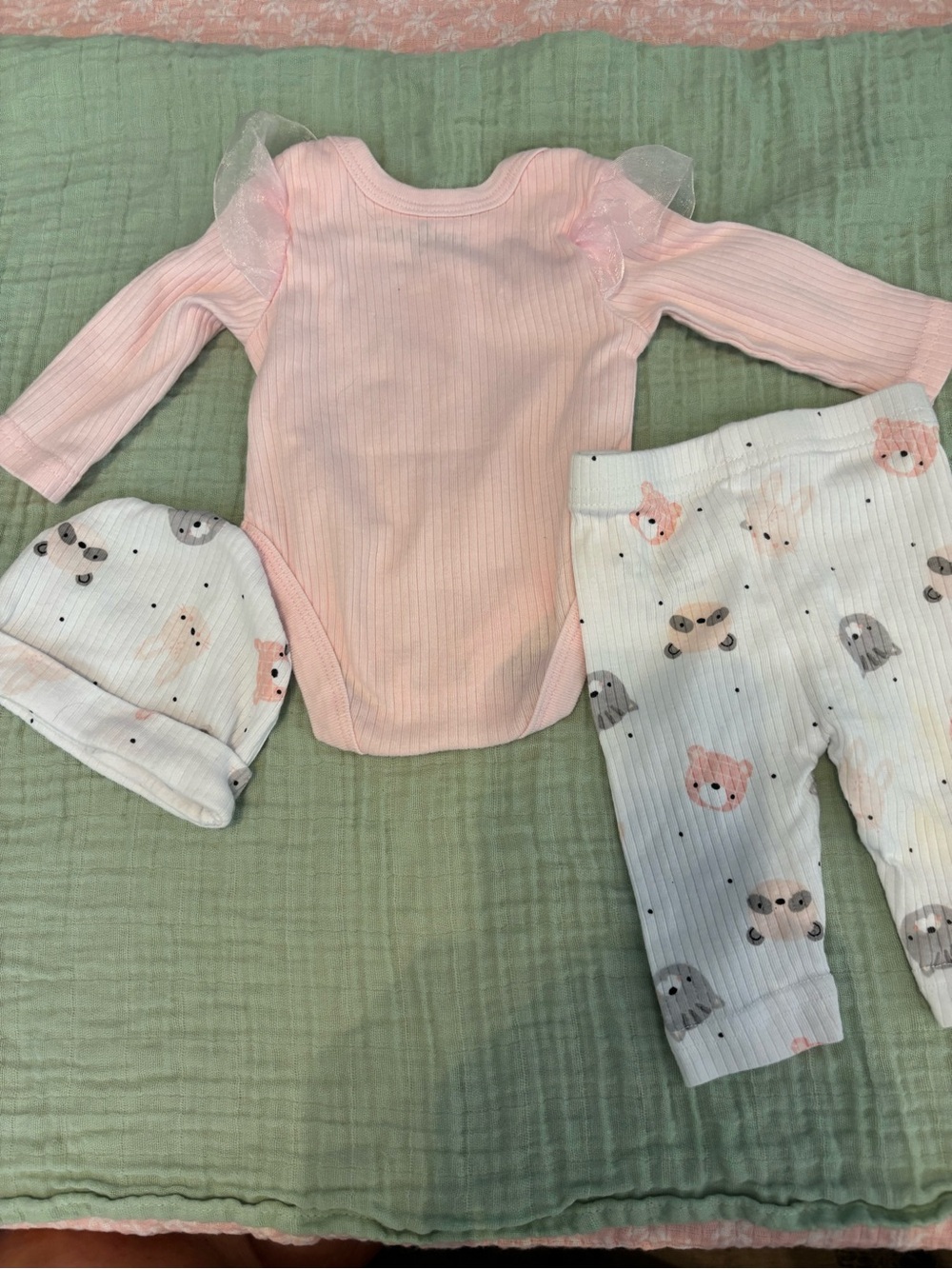 Pink Bear Ribbed Baby Matching Set with Hat and Pants - Picture 2 of 3